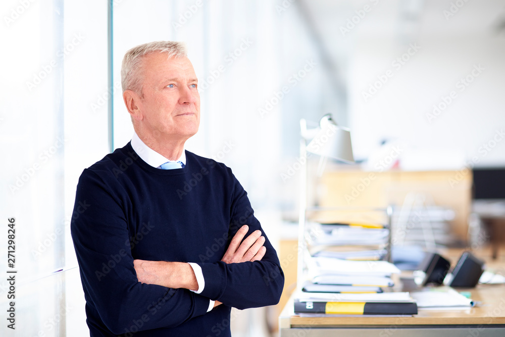 Fototapeta premium Elderly businessman portrait while standing with their arms crossed in the office