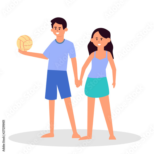 man hands bolla volley and woman is beach couple volleyball players