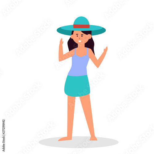 Happy women in bathing suits. Summer, girls on vacation, on the beach in various poses. Modern colorful vector illustration in flat cartoon style