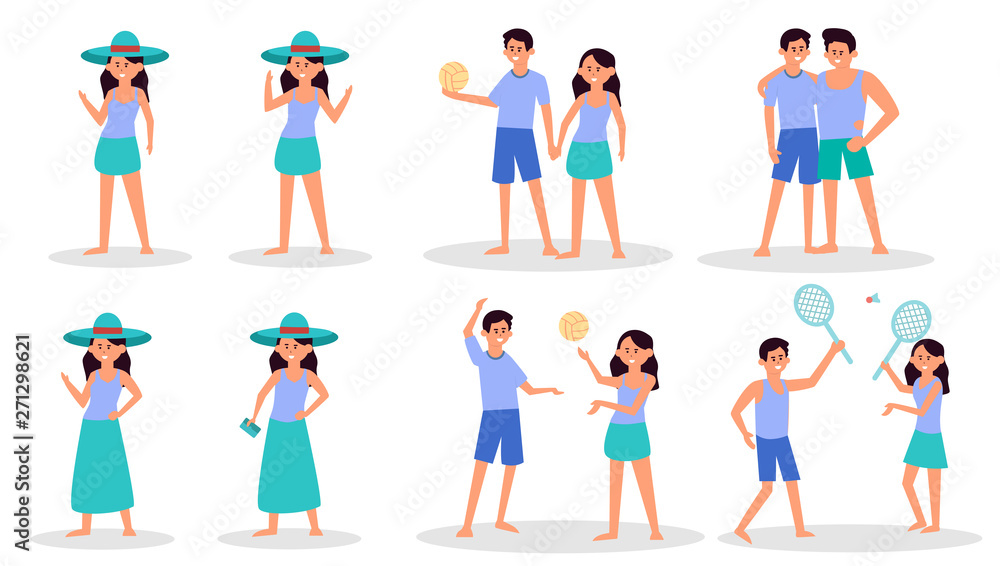 People and couples on active sport vacation beach collection. Summer fun holidays, and ocean beach activity and relaxing.