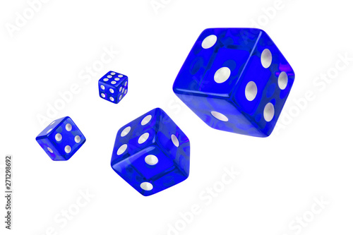 Four blue dice flying randomly in the air on a white background, isolated