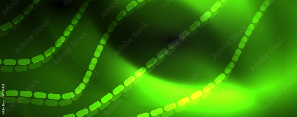 Smoky glowing waves in the dark. Dark abstract background with neon color light and wavy lines. Vector