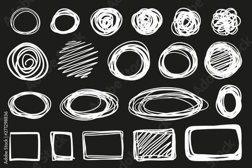 Hand drawn abstract geometric shapes on black. Grungy backgrounds with array of lines. Stroke chaotic patterns. Black and white illustration. Sketchy elements for design
