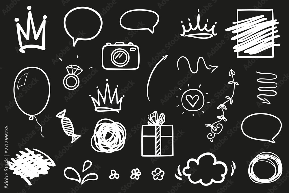 Infographic elements on isolated black background. Hand drawn simple shapes. Line art. Set of different signs. Black and white illustration. Sketchy doodles for work