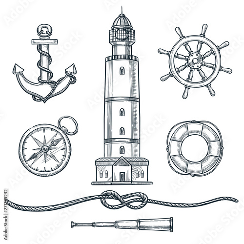 Summer nautical vintage icons set. Vector hand drawn sketch illustration. Sea and marine isolated design elements
