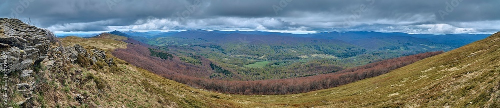 A beautiful panoramic mysterious view of the forest in the Bieszczady mountains (Poland) on a misty rainy spring May day, nature is lonely - without people A beautiful panoramic mysterious view of the forest in the Bieszczady mountains (Poland) on a misty rainy spring May day, nature is lonely - without people