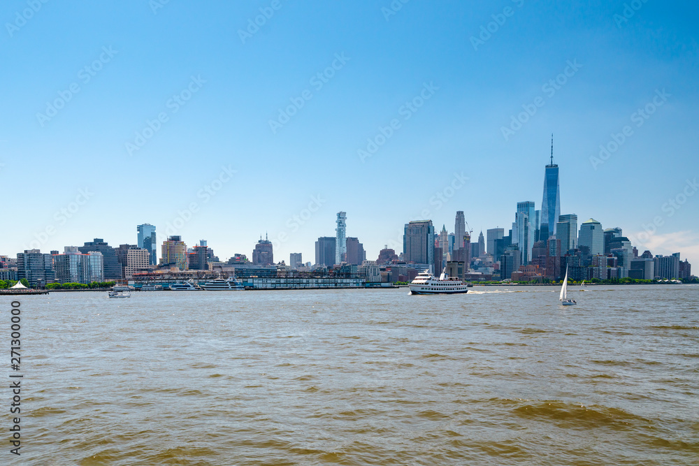 East River Waterfront. Lower Manhattan Skyscrapers. Boat Tour Journey. New York City