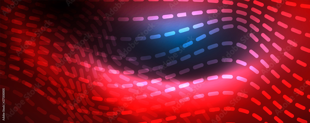 Fototapeta premium Smooth wave lines on blue neon color light background. Glowing abstract wave on dark, shiny motion, magic space light