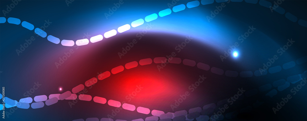 Obraz premium Smooth wave lines on blue neon color light background. Glowing abstract wave on dark, shiny motion, magic space light