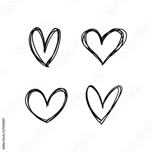 Hand drawn heart icons set, love symbol. Sketched doodles hearts collection.