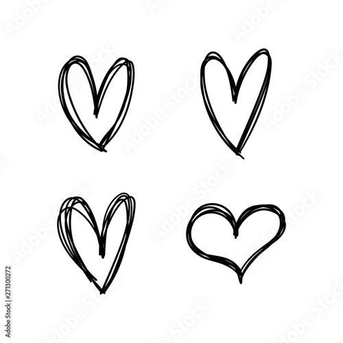 Hand drawn heart icons set, love symbol. Sketched doodles hearts collection.