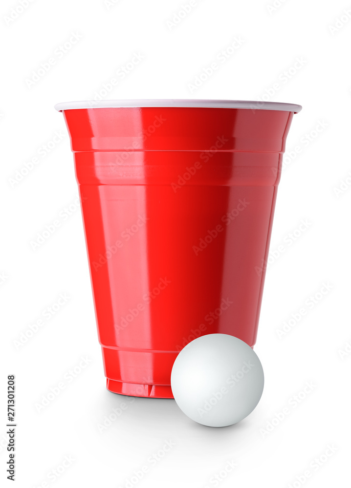 Beer pong. Red plastic cup and ping pong ball isolated on white background Beer pong. Red plastic cup and ping pong ball isolated on white background