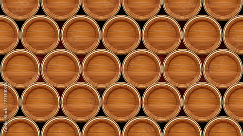 Wooden barrel. Vessel for keeping wine, beer and beverage. Seamless background. Equipment for pub and wine cellar. Whisky keg. Lager oak capacities. Eps10 vector illustration.