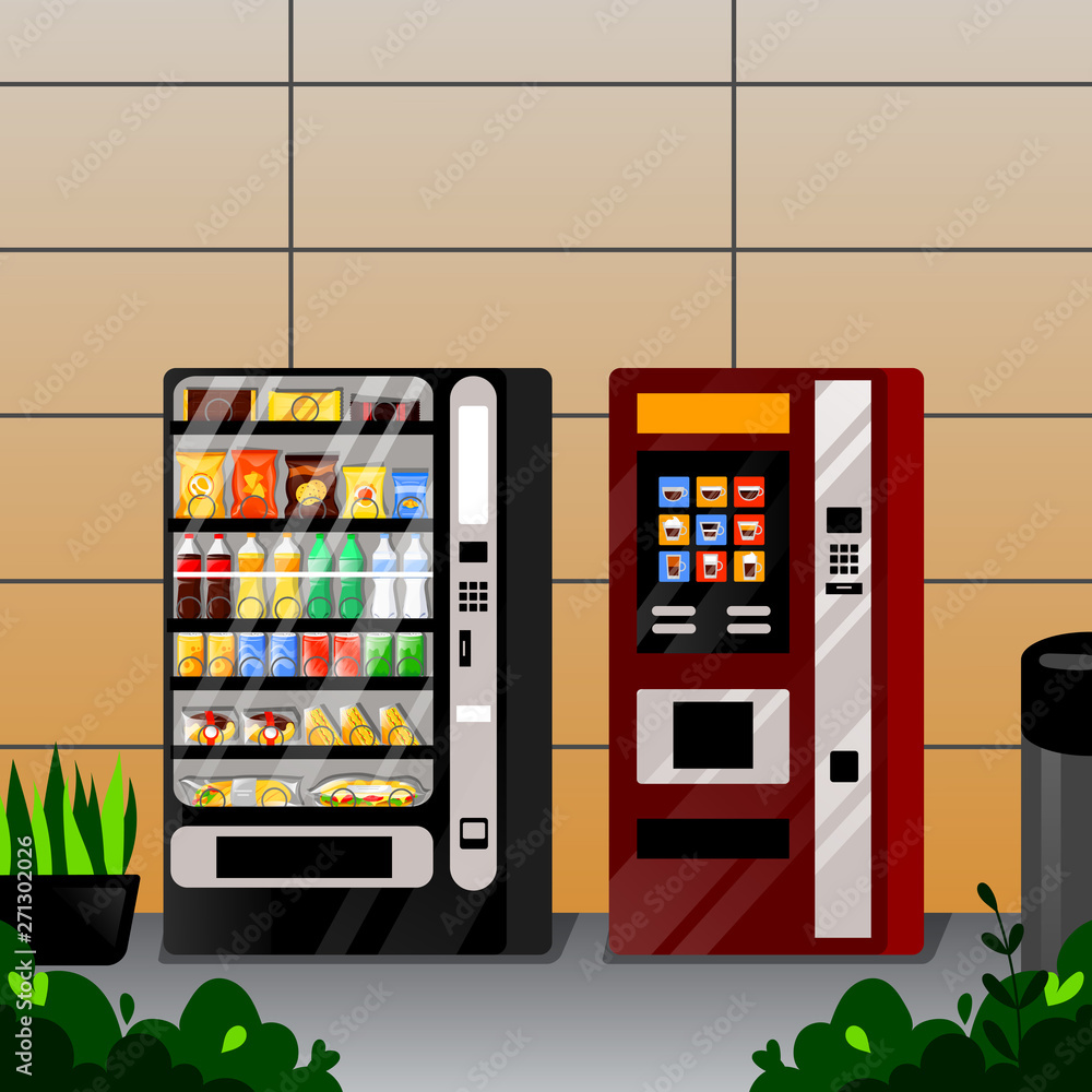 Vending snacks, water and coffee automatic machines. Vector flat cartoon illustration. Street food selling service. Vending snacks, water and coffee automatic machines. Vector flat cartoon illustration. Street food selling service.