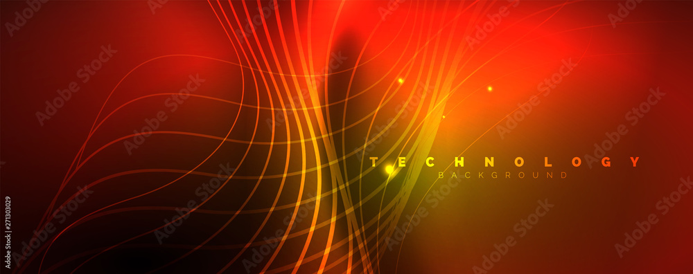 Bright neon circles and wave lines, glowing shiny background design template, digital techno concept. Bright neon circles and wave lines, glowing shiny background design template, digital techno concept.