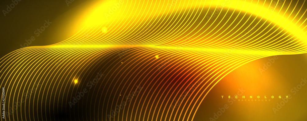 Bright neon circles and wave lines, glowing shiny background design template, digital techno concept. Bright neon circles and wave lines, glowing shiny background design template, digital techno concept.