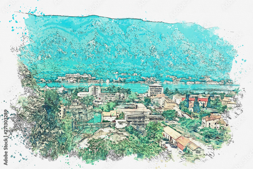 Obraz premium Watercolor sketch or illustration of the aerial view of Kotor in Montenegro.