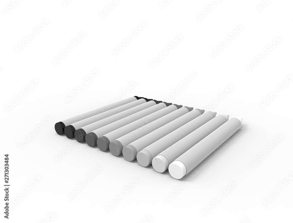 3D rendering of multiple crayons isolated on white background. 3D rendering of multiple crayons isolated on white background.