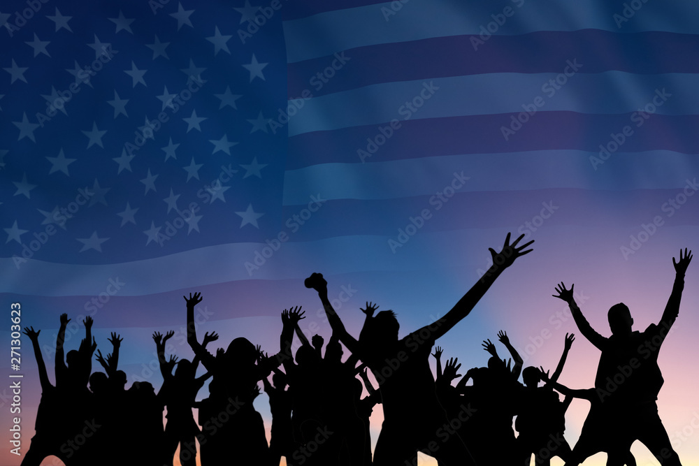 Peoples silhouette on flag and sky background Peoples silhouette on flag and sky background