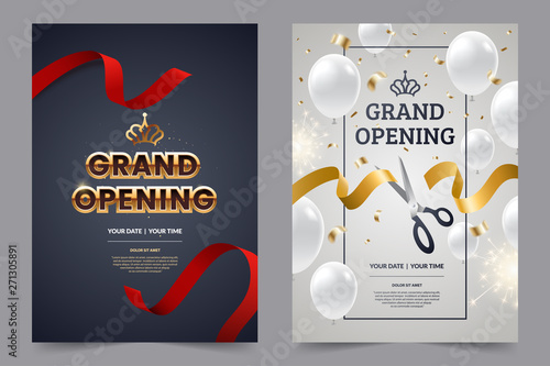 Grand opening invitation flyer with red and gold cut ribbons and scissors. Golden text on luxury background. Falling confetti with white balloons. Opening invitation design. Vector eps 10.