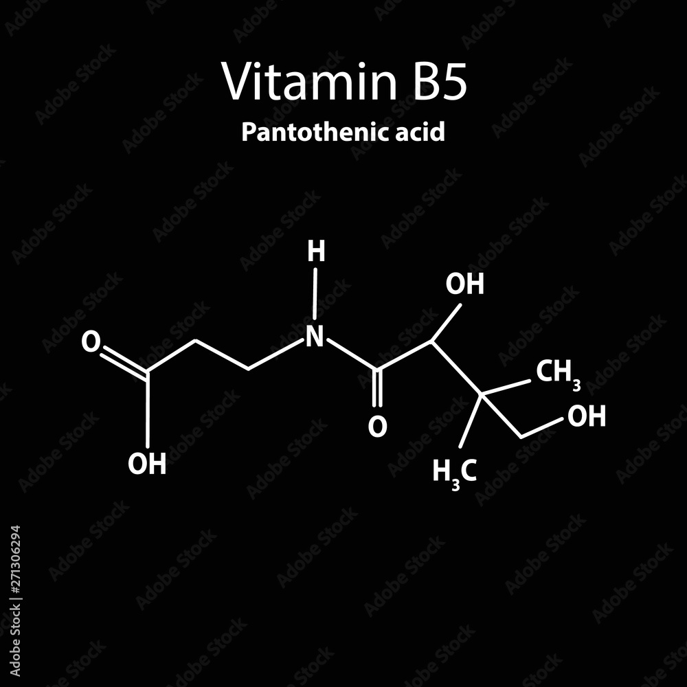 Vitamin B5. Pantothenic acid Molecular chemical formula. Infographics. Vector illustration on black background.