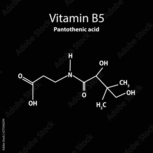 Vitamin B5. Pantothenic acid Molecular chemical formula. Infographics. Vector illustration on black background.