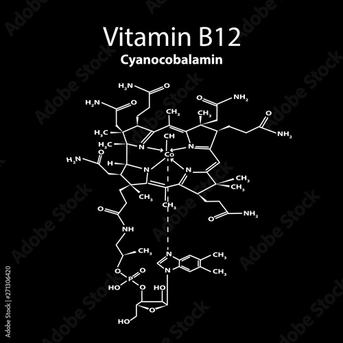 Vitamin B12. cyanocobalamin Molecular chemical formula. Infographics. Vector illustration on black background.