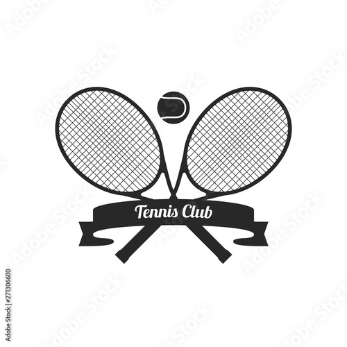 Tennis racquets with ball. Tennis logo with ribbon and sport equipment. © ilyabolotov