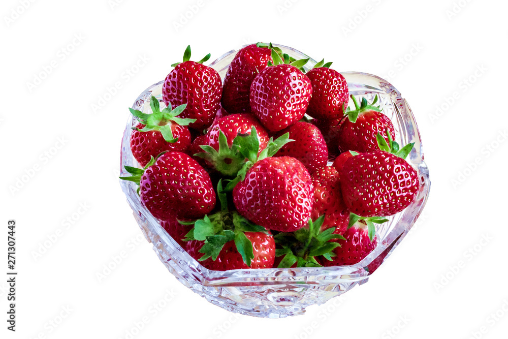 Red ripe garden berry strawberry in deep crystal clear plate, dish, bowl, saucer, bowl, dish, isolate Red ripe garden berry strawberry in deep crystal clear plate, dish, bowl, saucer, bowl, dish, isolate