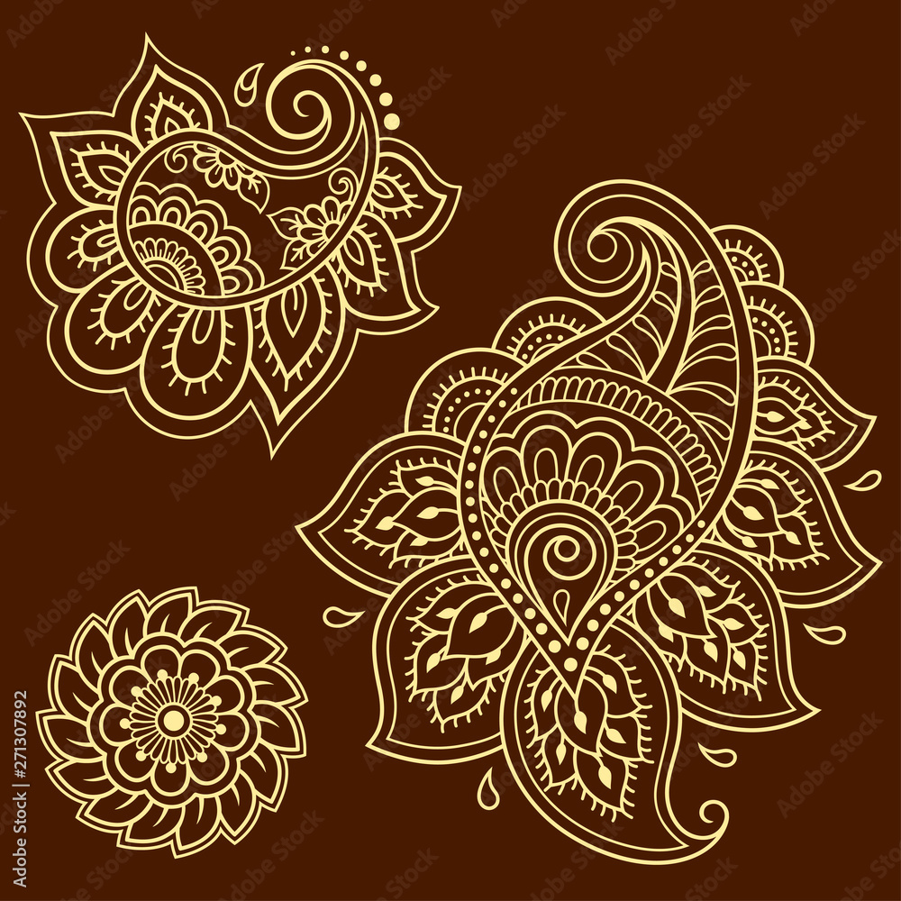 Set of Mehndi flower pattern for Henna drawing and tattoo. Decoration in ethnic oriental, Indian style. Doodle ornament. Outline hand draw vector illustration. Set of Mehndi flower pattern for Henna drawing and tattoo. Decoration in ethnic oriental, Indian style. Doodle ornament. Outline hand draw vector illustration.