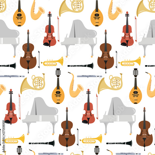 Seamless pattern with musical instruments on the white background.