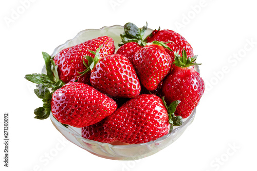 Red ripe garden berry strawberries in deep glass transparent plate, dish, bowl, saucer, bowl, dish, isolate