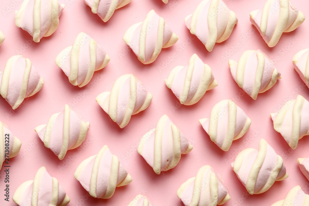 Abstract composition of marshmallows on a pink background. Tov view Abstract composition of marshmallows on a pink background. Tov view