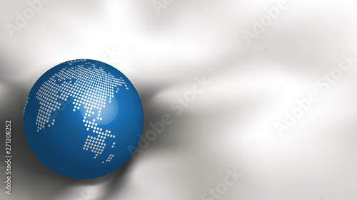 Abstract metallic dotted world map on blue sphere on white fabric silk background with copy space for text. Ratio 1920x1080 px. EPS10, Vector,  Illustration.