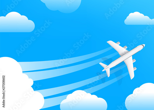 Air travel vector illustration. Modern aircraft in a sky with clouds