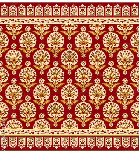 Seamless pattern and borders with various whimsical flowers. Suzani tribal style. Swatch and  pattern brushes are included in file. 