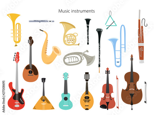 Set of musical instruments on the white background.