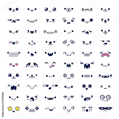 Kawaii cute smiley emoticons and anime emoji faces expressions.