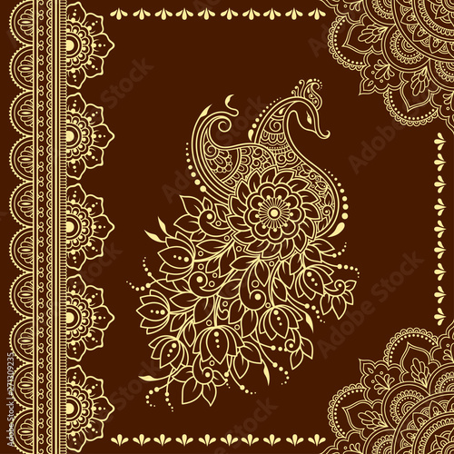 Stylized with henna tattoo decorative pattern for decorating covers book, notebook, casket, postcard and folder. Mandala, flower, peacock and border in mehndi style. Frame in the eastern tradition.