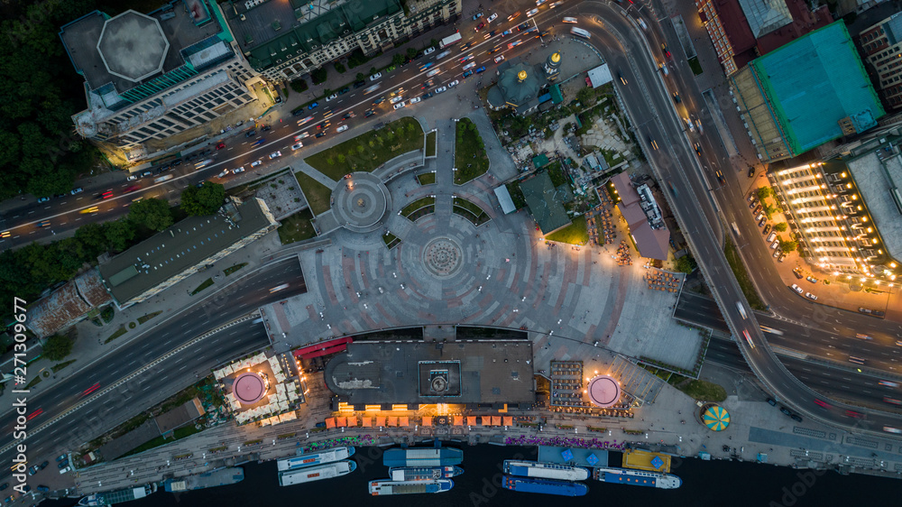 Aerial view of the Postal Square in Kiev at dusk time.