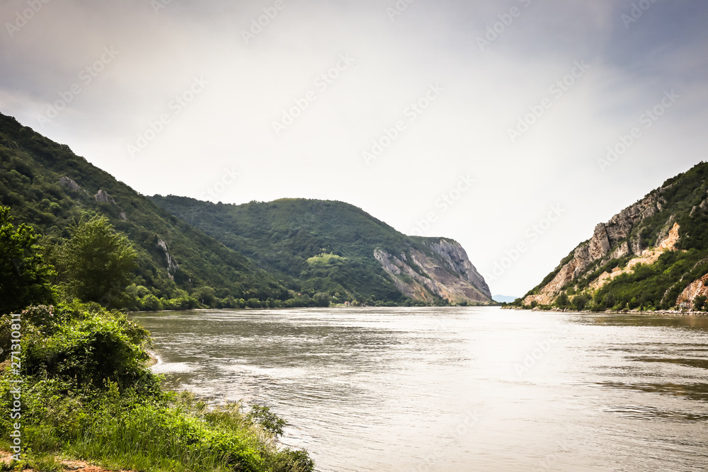 Danube river gorge in national park Djerdap in Serbia, Serbian and Romanian border