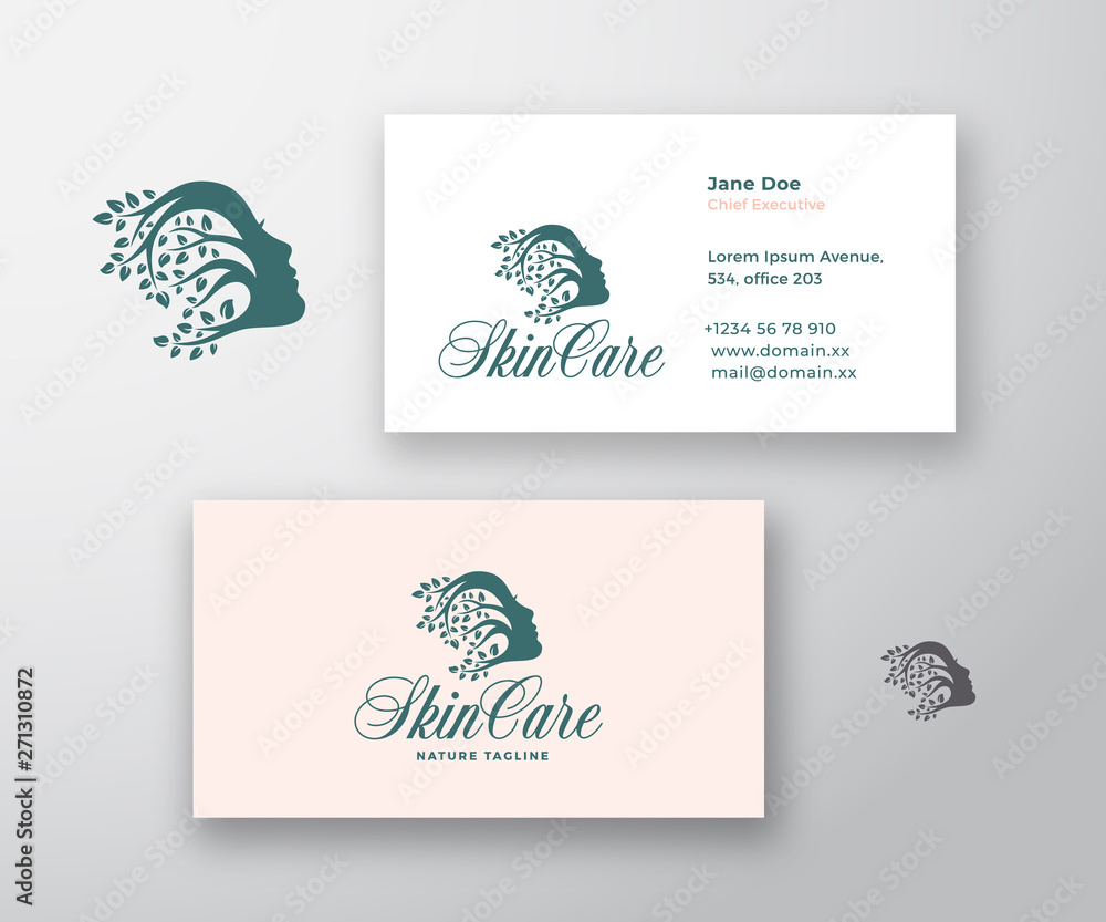 Skin Care Logo and Business Card Template. Beautiful Woman Face with Curly Hair of Branches with Leafs. Premium Stationary Realistic Mock Up. Skin Care Logo and Business Card Template. Beautiful Woman Face with Curly Hair of Branches with Leafs. Premium Stationary Realistic Mock Up.