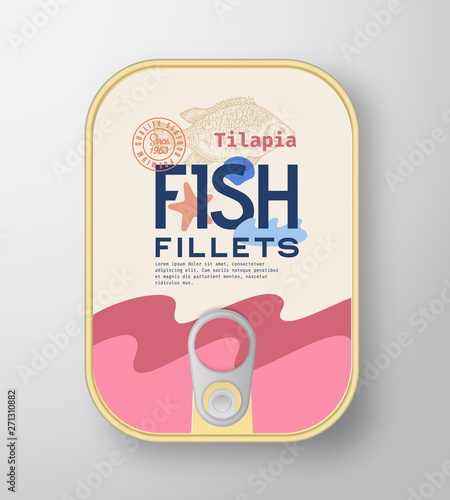 Fish Fillets Aluminium Container with Label Cover. Abstract Vector Premium Canned Packaging Design. Modern Typography and Hand Drawn Tilapia Silhouette Background Layout.