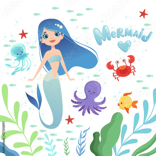 Mermaid background. Underwater life with cartoon fantasy mermaid characters baby octopus girl vector illustration. Mermaid cute underwater, octopus and princess siren