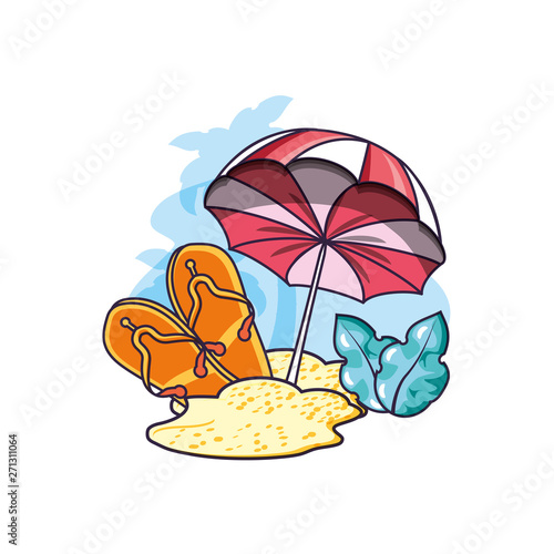 summer flip flops with umbrella in beach