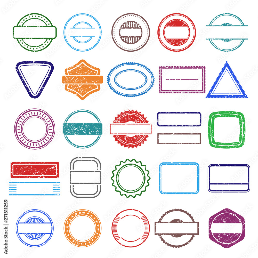 Stamp rubber frames. Round and square scratching grunge shapes vector