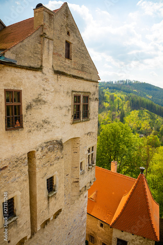 Moravian castle Pernstejn, standing on a hill above deep forests of the Bohemian-Moravian Highlands in Czech Republic