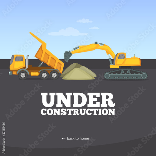 Under construction page. Building truck yellow vehicle heavy machinery vector web site warning page template. Construction of web page, technical work on website illustration