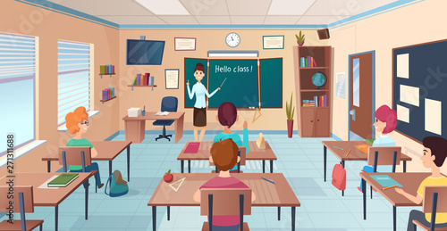 Lesson in classroom. Pupils at desks and teacher standing and pointing kids study near chalkboard vector cartoon background. Illustration of school education, lesson classroom