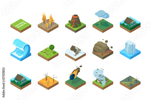 Natural disaster. Global climate change environment earthquake storm tsunami wildfire in forest flood vector pictures isometric. Earthquake disaster, hurricane and drought illustration